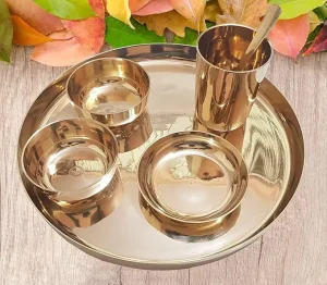 Kansa Thali Set Of 6Pcs For Home & Dinning ( 1 Pc Thali, 2Pcs Bowl, 1Pc Sweet Dish, 1Pc Glass, 1Pc Spoon)
