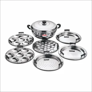 Kitchen Essential  Stainless Steel – 28cms Induction Bottom Multi Kadai with Lid -6 Plate(Idli Plate-2,Mini Idli Plate 1,Dhokla Plate 2,Patra/Momo/Modak plate-1)