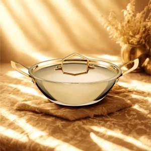 Lily Brass Kadai Hammered Flat Bottom With Lid 2000ML With Inner Tin Coating ( kalai)