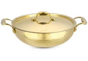 Lily Brass Kadai Hammered Round Bottom With Lid 4000ML With Inner Tin Coating ( kalai)