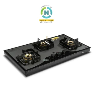 Naitik Gas Stove 3 Burner Eva Next 080 Toughened Glass Top | Glass Top 3Br Gas Stove | Manual Ignition