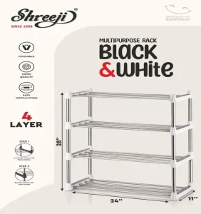 Shreeji Black & White 4 Layer Multipurpose Rack | Strong Plastic Shoe & Storage Organizer for Home