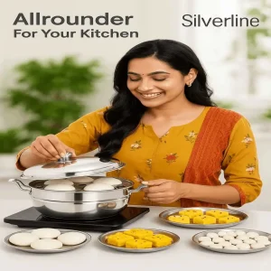 Silverline Stainless Steel Multi kadai 3-in-1 Combo – Idli, Dhokla & Momos or Steamer | Induction Friendly Cookware