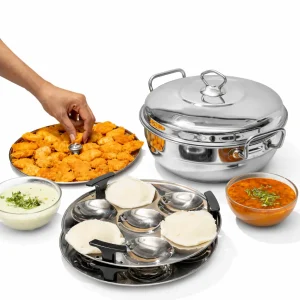 Vinod Stainless Steel Deluxe Multi kadai 26CM With 6 Plate (2 IDLI, 1 Mini Idli, 2 Dhokla, 1 Steamer or Patra Plate) 6in1 Combo,  Idli, Dhokla, Momos Maker & Steamer Combo