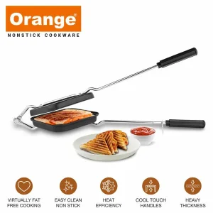 Orange Aluminium Grill Non-Stick Toast Sandwich Maker for Gas Stove with Free Nylon Tongs & Scrubber